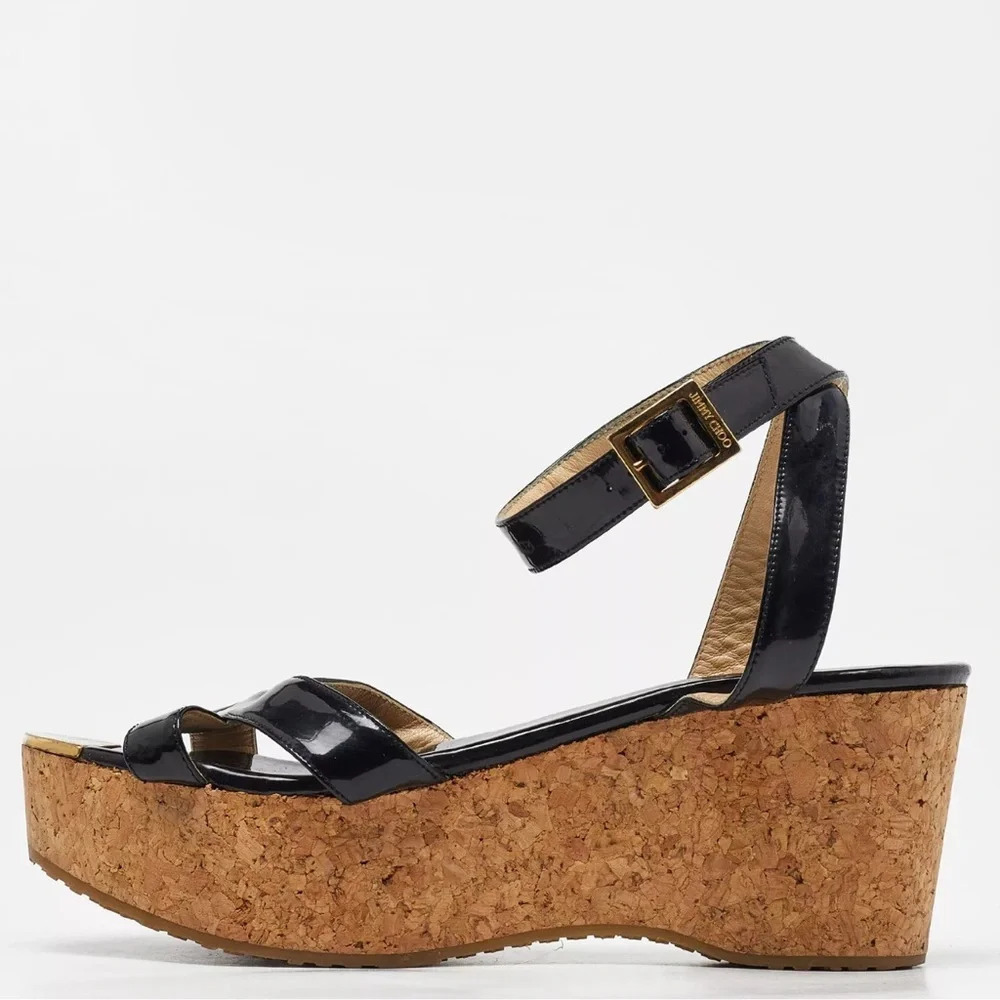 Jimmy Choo Black Patent Leather Cork Wedge Platform Ankle Strap Sandal - Picture 7 of 10